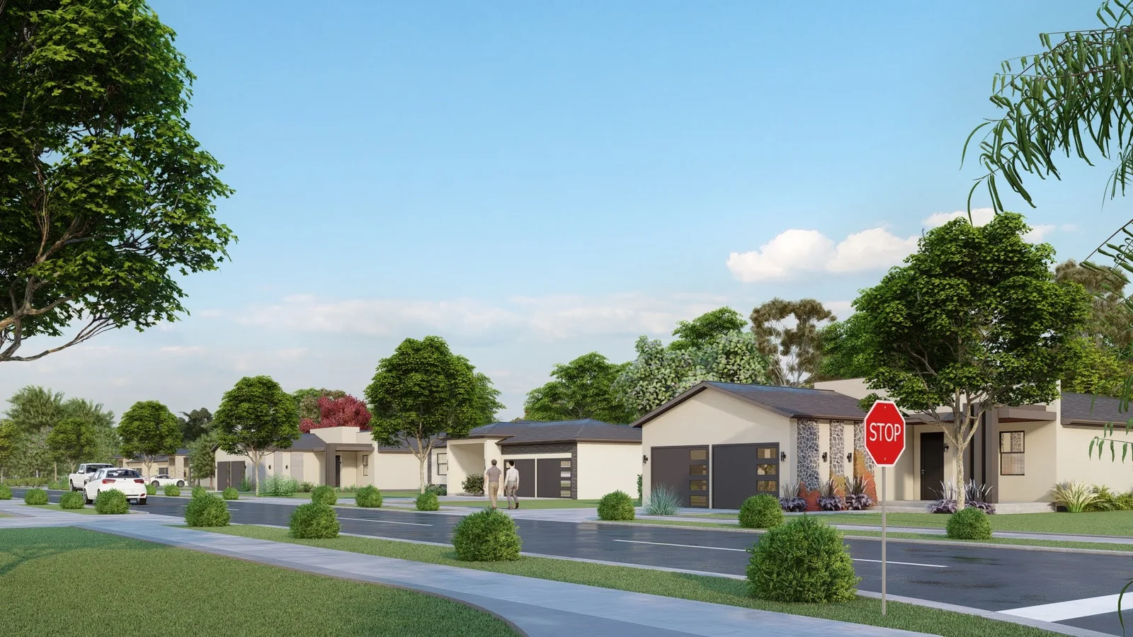 Row of completed modular homes with landscaping
