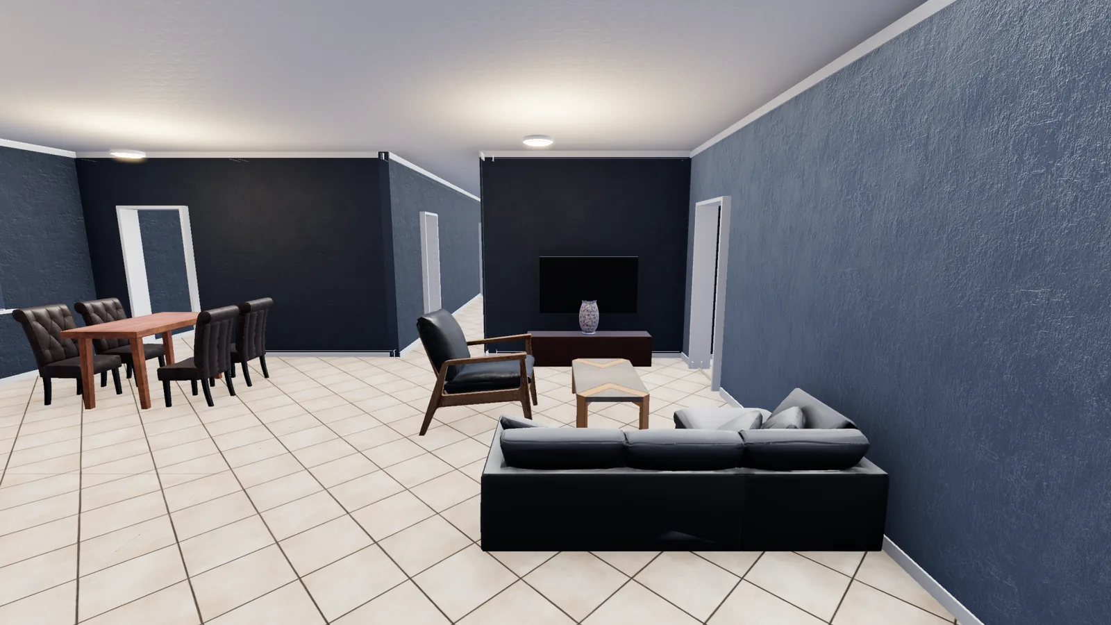 The same room restyled with diamond tile flooring