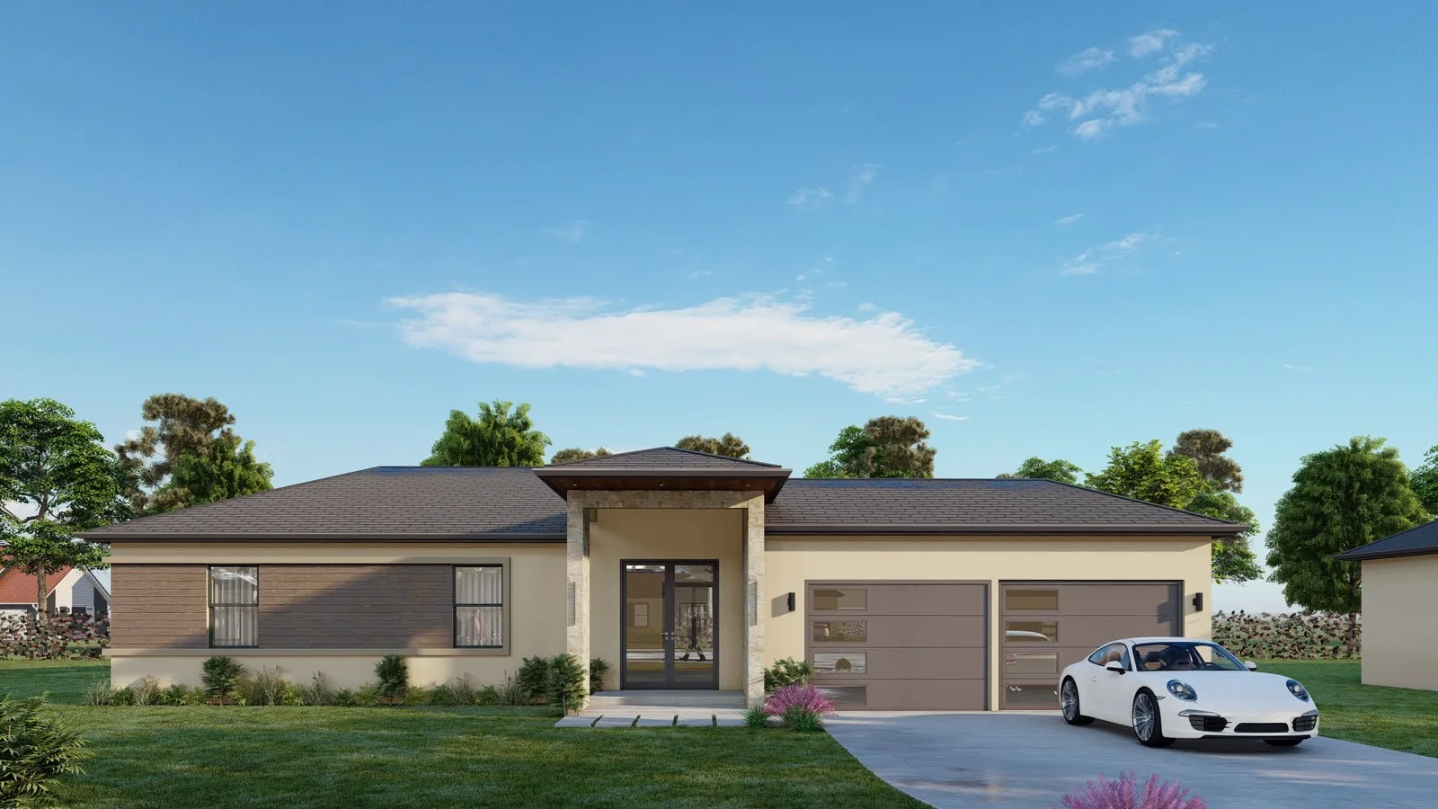 A photoreal render of the finished home at dusk