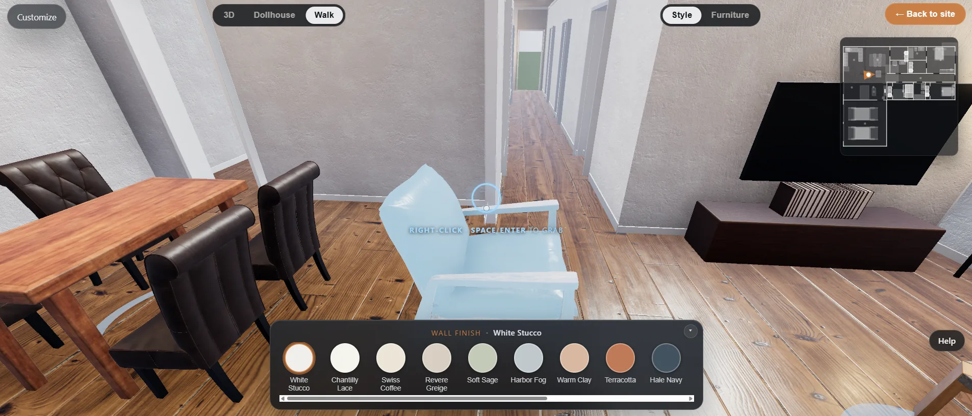 Wall colour options shown in the dining area