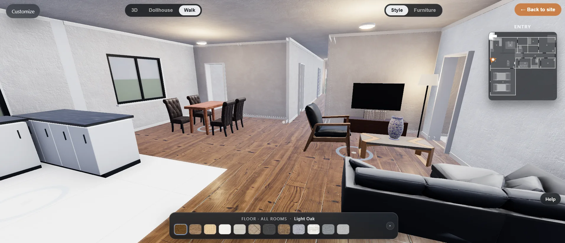 Walking the real Legacy home in the browser, floors swapped live